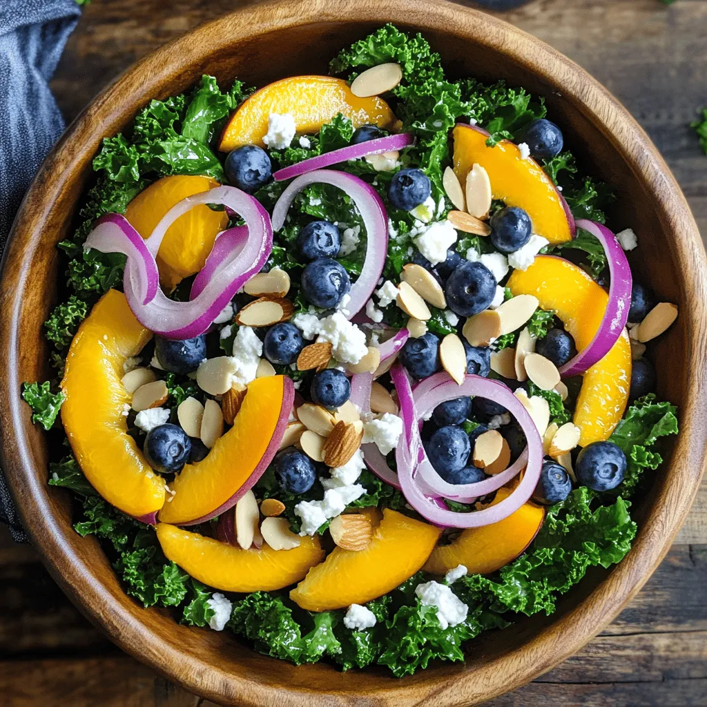 This salad not only tantalizes the taste buds but also serves as a delightful reminder of summer’s abundant harvest. The bright colors of the peaches and blueberries against the deep green of the kale create a visually appealing dish that is sure to impress guests at any gathering. Moreover, the versatility of this salad makes it suitable for various occasions. Whether you choose to serve it as a side dish alongside grilled meats or enjoy it as a light main course, it is guaranteed to steal the show.