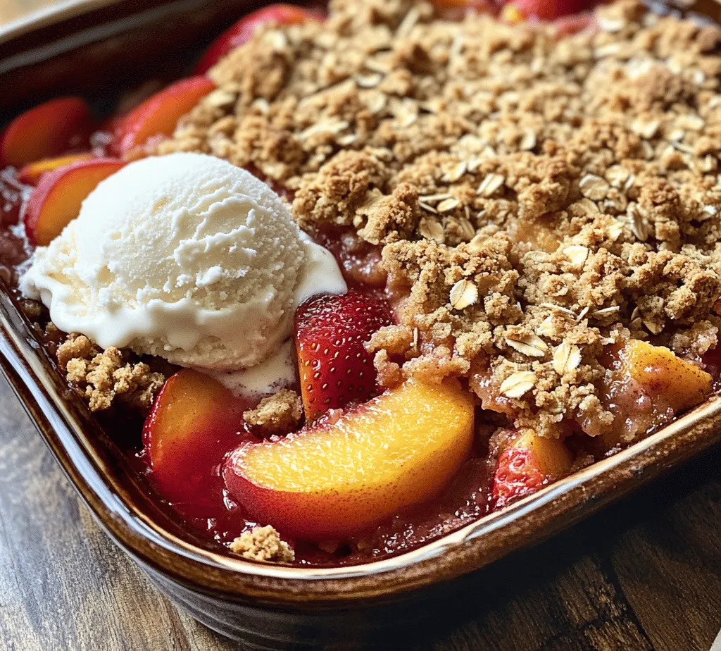 As summer arrives, so does the season of vibrant fruits, warm weather, and the inevitable craving for sweet, refreshing desserts. Nothing embodies the spirit of summer quite like a fruit crisp, and our <strong>Strawberry Peach Crisp Delight</strong> is the perfect representation of this delicious trend. This delightful dessert combines the juicy sweetness of strawberries and peaches, creating a harmonious blend that brings joy to any gathering.” /></p>
</p>
<h3>Optional Toppings: Elevating Your Dessert Experience</h3>
</p>
<p>While the Strawberry Peach Crisp Delight is delicious on its own, the addition of optional toppings can take this dessert to new heights. Consider serving it with creamy vanilla ice cream or a dollop of fluffy whipped cream. The combination of warm, fruity crisp with cold, rich ice cream creates a delightful contrast that enhances the overall experience. Ice cream melts slightly into the crisp, creating a luscious sauce that melds beautifully with the sweet and tart flavors of the strawberries and peaches. Alternatively, whipped cream adds a light, airy touch that balances the dessert’s sweetness, making each bite a celebration of textures and flavors.</p>
</p>
<h3>Preparation Steps</h3>
</p>
<h4>Preheating the Oven</h4>
</p>
<p>Before you dive into preparing your delicious crisp, make sure to preheat your oven to 350°F (175°C). This step is crucial because it ensures even baking throughout the crisp, allowing the fruits to bubble and the topping to brown perfectly. Preheating your oven also helps with the initial cooking process, which allows the flavors to develop beautifully right from the start.</p>
</p>
<h4>Preparing the Fruit Mixture</h4>
</p>
<p>Next, it’s time to prepare the star ingredients: the strawberries and peaches. Start by rinsing the strawberries under cold water, then pat them dry with a paper towel. Remove the green tops and slice the strawberries into quarters or halves, depending on their size.</p>
</p>
<p>For the peaches, wash them thoroughly as well. If you prefer, you can peel the peaches for a smoother texture in your crisp, but leaving the skin on adds a lovely color and additional fiber. Cut the peaches in half, remove the pit, and slice them into wedges or cubes.</p>
</p>
<p>Once your fruits are prepared, combine them in a large bowl. Add a sprinkle of sugar and a teaspoon of lemon juice to brighten the flavors. Toss gently until the fruit is coated evenly, ensuring each piece is infused with sweetness and acidity. Letting the mixture sit for about 10-15 minutes allows the juices to meld, creating a syrupy base for your crisp.</p>
</p>
<h4>Creating the Oat Topping</h4>
</p>
<p>The oat topping is what gives this dessert its signature crunch. In a separate bowl, combine rolled oats, brown sugar, all-purpose flour, and a pinch of salt. You may also want to add some cinnamon for an extra layer of flavor.</p>
</p>
<p>Next, add softened unsalted butter to the dry ingredients. Using your fingers or a pastry cutter, work the butter into the mixture until it resembles coarse crumbs. The key to achieving the perfect crumbly texture is not to overmix; you want to see small bits of butter throughout, as this will create a wonderfully flaky topping when baked.</p>
</p>
<h4>Combining and Layering</h4>
</p>
<p>With both the fruit mixture and oat topping prepared, it’s time to assemble your Strawberry Peach Crisp Delight. In a greased baking dish (approximately 9×13 inches works well), pour the fruit mixture evenly across the bottom. Use a spatula to spread it out, ensuring an even layer.</p>
</p>
<p>Next, gently sprinkle the oat topping over the fruit mixture. Ensure the topping is evenly distributed; this will allow for consistent baking and a delightful crunch in every bite. Don’t worry about covering every inch of fruit; a few gaps will allow the juices to bubble up and create a beautiful, rustic look.</p>
</p>
<h4>Baking</h4>
</p>
<p>Slide your assembled crisp into the preheated oven and bake for approximately 30-35 minutes. Keep an eye on it as it bakes—you’re looking for visual cues that indicate doneness. The fruit should be bubbling around the edges, and the oat topping should turn a lovely golden brown. If the topping is browning too quickly, you can cover it loosely with aluminum foil to prevent burning while the fruit continues to cook.</p>
</p>
<p>Once done, remove the crisp from the oven and allow it to cool slightly on a wire rack. This cooling period allows the juices to settle and the topping to firm up, making for easier serving.</p>
</p>
<h3>Baking and Serving Suggestions</h3>
</p>
<h4>Baking Time and Temperature</h4>
</p>
<p>As mentioned, baking your Strawberry Peach Crisp Delight at 350°F (175°C) for 30-35 minutes is ideal. This temperature allows the fruit to become tender while the topping achieves the perfect crispiness. Always ensure your oven is fully preheated before placing the dish inside; this drastically impacts the final texture and flavor of the dessert.</p>
</p>
<h4>Cooling Time</h4>
</p>
<p>After baking, it’s tempting to dive right in, but allowing your crisp to cool for at least 10-15 minutes before serving is essential. This brief cooling time enhances the flavors and allows the juices to thicken, making the dessert easier to scoop. The crisp will also be hot, so this waiting period ensures a more enjoyable eating experience.</p>
</p>
<h4>Serving Suggestions</h4>
</p>
<p>For the best presentation and enjoyment, serve your Strawberry Peach Crisp Delight warm. Scooping it into individual bowls adds a personal touch, making it perfect for gatherings or family meals. Top each serving with a generous scoop of vanilla ice cream or a dollop of whipped cream. If you want to elevate your presentation further, consider garnishing with fresh mint leaves or a sprinkle of cinnamon for an inviting appearance.</p>
</p>
<p>If you’re feeling creative, try serving the crisp with a drizzle of honey or a splash of fresh cream to enhance the flavor profile even more.</p>
</p>
<h4>Presentation Tips</h4>
</p>
<p>When plating your crisp, consider using clear or white dishes to showcase the vibrant colors of the fruit. A scoop of ice cream on top not only adds flavor but also creates a beautiful contrast against the warm, golden crisp. For an added touch, you might serve it in individual ramekins or jars, creating a charming dessert display.</p>
</p>
<h3>Storing and Reheating</h3>
</p>
<p>While this dessert is best enjoyed fresh, you might find yourself with leftovers. Here’s how to store and reheat your Strawberry Peach Crisp Delight to maintain its deliciousness.</p>
</p>
<h4>Best Practices for Storage</h4>
</p>
<p>To store any leftovers, allow the crisp to cool completely at room temperature. Once cooled, cover it tightly with plastic wrap or transfer it to an airtight container. The crisp can be refrigerated for up to 3-4 days. Keep in mind that the longer it sits, the softer the topping will become due to moisture from the fruit.</p>
</p>
<h4>Reheating Tips</h4>
</p>
<p>When it comes to reheating your crisp, the oven is your best bet for preserving that coveted crunchy topping. Preheat your oven to 350°F (175°C) and place the crisp in a baking dish, covering it loosely with aluminum foil to prevent over-browning. Heat for about 15-20 minutes, or until warmed through.</p>
</p>
<p>If you’re short on time, you can also reheat individual portions in the microwave. Place a serving on a microwave-safe dish, and heat for 30 seconds to 1 minute, depending on your microwave’s power. Just keep in mind that reheating in the microwave may result in a softer topping.</p>
</p>
<h3>Conclusion</h3>
</p>
<p>In summary, the Strawberry Peach Crisp Delight is a delightful embodiment of summer’s bounty, combining sweet strawberries and juicy peaches under a perfectly crumbly oat topping. The joy of making this dessert lies not only in its delicious flavors but also in the memories created around the table as friends and family share it together.</p>
</p>
<p>This recipe captures the essence of summer, making it an ideal treat for any occasion, from casual family dinners to festive gatherings. Feel free to experiment with the flavors, perhaps adding in other fruits like blueberries or raspberries, or adjusting the spices to suit your taste.</p>
</p>
<p>So, gather your ingredients, embrace the joy of baking, and create a Strawberry Peach Crisp Delight that will surely impress and satisfy everyone who gets to enjoy it. Make it your own and relish in the smiles it brings as you share this wonderful dessert with loved ones.</p>
<div id=