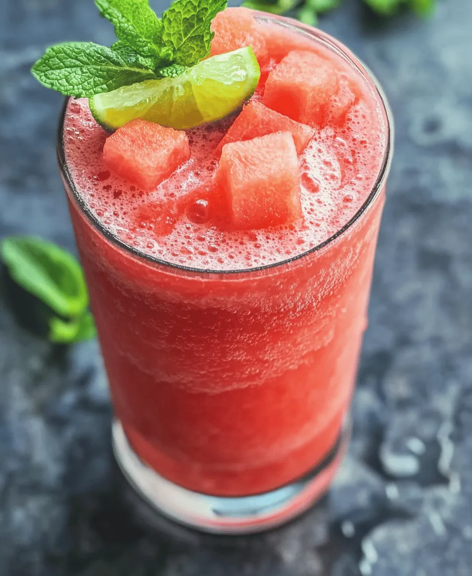 Smoothies have surged in popularity as a go-to beverage choice for health enthusiasts and casual drinkers alike. Their versatility allows for endless combinations of fruits, vegetables, and other nutritious ingredients, making them a delightful option for breakfast, snacks, or post-workout recovery. Among the plethora of smoothie recipes available, the <strong>Refreshing Watermelon Smoothie with Coconut Water</strong> stands out for its vibrant taste, hydrating qualities, and health benefits.” /></p>
</p>
<h3>Ingredient Breakdown</h3>
</p>
<p>To create an unparalleled watermelon smoothie experience, it’s essential to understand the role of each ingredient in the blend.</p>
</p>
<h4>Watermelon</h4>
<p>Watermelon is the star of this smoothie. Known for its high water content (over 90%), this fruit not only hydrates but also provides essential vitamins A and C. The natural sweetness of ripe watermelon ensures that your smoothie is refreshing and light, making it perfect for hot days.</p>
</p>
<h4>Coconut Water</h4>
<p>Coconut water serves as the liquid base for this smoothie, lending a subtly sweet and nutty flavor. Rich in electrolytes like potassium and magnesium, it helps maintain hydration levels, making it an excellent choice for post-exercise recovery or hot summer afternoons.</p>
</p>
<h4>Lime Juice</h4>
<p>A splash of fresh lime juice adds a zesty kick to the smoothie, balancing the sweetness of the watermelon. Lime is also packed with vitamin C and antioxidants, further enhancing the smoothie’s nutritional profile.</p>
</p>
<h4>Optional Add-ins</h4>
<p>– <strong>Mint leaves</strong>: Adding fresh mint introduces a cooling sensation and aromatic flavor, enhancing the refreshing nature of the drink.</p>
<p>– <strong>Honey or agave syrup</strong>: If you prefer a sweeter smoothie, these natural sweeteners can be added in moderation.</p>
<p>– <strong>Chia seeds or flaxseeds</strong>: These seeds not only boost the nutritional value by adding omega-3 fatty acids and fiber but also contribute to a thicker texture.</p>
</p>
<h3>Ingredient Substitutions</h3>
<p>To accommodate dietary restrictions or personal preferences, consider the following substitutions:</p>
<p>– <strong>Coconut water alternatives</strong>: If you’re allergic to coconut or prefer a different flavor, opt for almond milk or oat milk for a creamy texture.</p>
<p>– <strong>Sweetness adjustments</strong>: For those on a low-sugar diet, skip the honey or agave, or use stevia or monk fruit sweetener as alternatives.</p>
<p>– <strong>Fruit variations</strong>: If watermelon is out of season, substitute with cantaloupe or honeydew for a similar texture and hydration.</p>
</p>
<h3>Importance of Fresh Ingredients</h3>
<p>Always strive for fresh and ripe ingredients when preparing your smoothie. Fresh watermelon not only enhances flavor but also maximizes the nutritional benefits. Ripe fruits contain higher levels of vitamins and minerals, making your smoothie not just tasty but also a powerhouse of health benefits.</p>
</p>
<h3>Step-by-Step Instructions for the Perfect Smoothie</h3>
</p>
<p>Creating the perfect watermelon smoothie is a straightforward process that anyone can master. Follow these clear and concise instructions for a delicious treat.</p>
</p>
<p>1. <strong>Preparation</strong>: Start by cutting your fresh watermelon into cubes. If using a whole watermelon, select one that feels heavy for its size and has a uniform shape. Ensure the skin is free from dents or blemishes.</p>
</p>
<p>2. <strong>Measure Ingredients</strong>: In a blender, combine 2 cups of watermelon cubes, 1 cup of coconut water, and the juice of half a lime. If you’re adding mint leaves or sweeteners, include them at this stage.</p>
</p>
<p>3. <strong>Blend</strong>: Blend on high speed for about 30 seconds or until the mixture is smooth. If the smoothie appears too thick, add more coconut water incrementally until you reach your desired consistency.</p>
</p>
<p>4. <strong>Taste and Adjust</strong>: After blending, taste your smoothie. If it’s not sweet enough for your liking, add a bit of honey or agave syrup, and blend again. For more acidity, a little extra lime juice can be added.</p>
</p>
<p>5. <strong>Serve</strong>: Pour the smoothie into chilled glasses. For an attractive presentation, consider using clear glassware to showcase the vibrant pink color.</p>
</p>
<h3>Tips for Achieving the Desired Consistency and Flavor Balance</h3>
<p>– <strong>Blend in batches</strong>: If you have a smaller blender, consider blending the ingredients in two batches to ensure everything is well combined.</p>
<p>– <strong>Chill your ingredients</strong>: For an extra-frosty smoothie, chill your watermelon before blending, or use frozen watermelon cubes instead of fresh.</p>
</p>
<h3>Suggestions for Serving</h3>
<p>– <strong>Glass types</strong>: Serve your watermelon smoothie in tall glasses or mason jars for a rustic touch. A wide-mouth glass allows for easy sipping and garnishing.</p>
<p>– <strong>Garnish options</strong>: Top your smoothie with a few mint leaves, a slice of lime on the rim, or even a sprinkle of chia seeds for added texture.</p>
</p>
<h3>Enhancing Your Watermelon Smoothie Experience</h3>
</p>
<p>To elevate your watermelon smoothie, consider these delightful variations:</p>
</p>
<h4>Fruit Combinations</h4>
<p>– <strong>Berry Blast</strong>: Add a handful of strawberries or blueberries for a delicious berry twist. These fruits not only add flavor but also increase the antioxidant content.</p>
<p>– <strong>Tropical Mix</strong>: Pineapple or mango can be blended in for a tropical flavor profile, enhancing the smoothie’s sweetness and richness.</p>
</p>
<h4>Customizing Sweetness</h4>
<p>The beauty of making your smoothie lies in the ability to customize it according to your taste preferences. Here are some ideas:</p>
<p>– <strong>Adjusting sweetness</strong>: Start with the natural sweetness of watermelon and gradually add sweeteners if you find it lacking.</p>
<p>– <strong>Flavoring</strong>: Experiment with spices like cinnamon or ginger for a unique flavor twist. A pinch of ground cinnamon can complement the sweetness beautifully.</p>
</p>
<h4>Smoothie Bowl Option</h4>
<p>Transform your smoothie into a smoothie bowl for a fun breakfast or snack. Simply prepare the smoothie thicker by reducing the liquid content. Pour it into a bowl and top with your favorite nuts, seeds, and sliced fruits for added texture and nutrition.</p>
</p>
<h3>Serving Suggestions and Pairings</h3>
</p>
<p>The watermelon smoothie pairs excellently with light and refreshing foods. Here are some ideas for delicious pairings:</p>
</p>
<p>– <strong>Light Salads</strong>: A cucumber and feta salad or a mixed greens salad with citrus vinaigrette complements the smoothie’s refreshing qualities.</p>
<p>– <strong>Healthy Snacks</strong>: Serve alongside whole-grain tortilla chips and salsa or homemade granola bars for a satisfying snack combo.</p>
</p>
<h4>Thematic Serving Ideas</h4>
<p>For gatherings or summer parties, serve this watermelon smoothie as part of a refreshing beverage station. Consider creating a “smoothie bar” where guests can customize their own smoothies with various fruits, nuts, and seeds. This interactive element will surely impress your guests and make for a memorable experience.</p>
</p>
<h3>Conclusion</h3>
</p>
<p>The Watermelon Smoothie with Coconut Water is not just a delicious treat; it’s also a powerhouse of nutrition and hydration. With its vibrant flavors and refreshing qualities, it’s the perfect drink to include in your healthy lifestyle.</p>
</p>
<p>By using fresh and ripe ingredients, you can create a smoothie that not only delights the taste buds but also nourishes the body. Whether you enjoy it on a hot summer day or as a post-workout recovery drink, this smoothie is sure to satisfy.</p>
</p>
<p>Embrace the simplicity and satisfaction of making your own watermelon smoothie at home and enjoy the numerous health benefits it provides. Cheers to a refreshing, healthy beverage that’s easy to prepare and utterly delightful!</p>
<div id=
