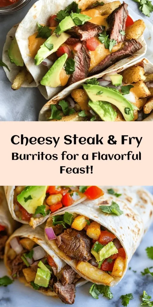 Indulge in our mouthwatering Steak & Cheese Dirty Fry Burritos! Perfect for a hearty meal, these burritos are filled with perfectly seasoned flank steak, crispy French fries, and a blend of melty cheddar and Monterey Jack cheese. Loaded with sautéed onions, bell peppers, and optional jalapeños for a kick, they’re finished off with fresh avocado and a sprinkle of cilantro. Quick to prepare and deliciously satisfying, serve them with sour cream and salsa for an unforgettable treat!