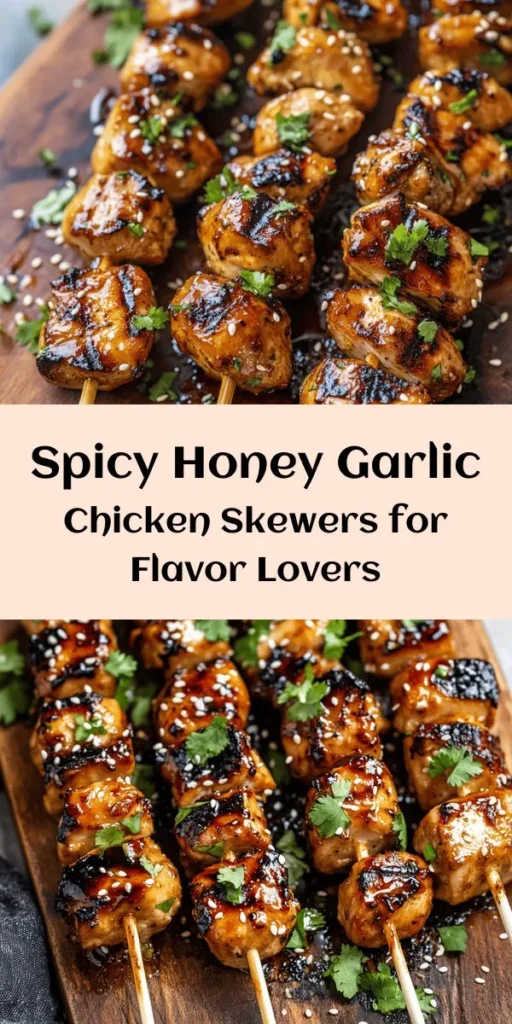 Try these Spicy Honey Garlic Chicken Skewers for a delicious and easy dinner option! Packed with mouthwatering flavors from honey, soy sauce, and sriracha, these tender chicken bites are perfect for grilling. Marinate the chicken for enhanced taste, then grill on medium-high heat for that ideal char. Garnish with sesame seeds and fresh cilantro for a beautiful finish. Great for family meals or summer BBQs! Enjoy juicy, flavorful skewers that everyone will love!