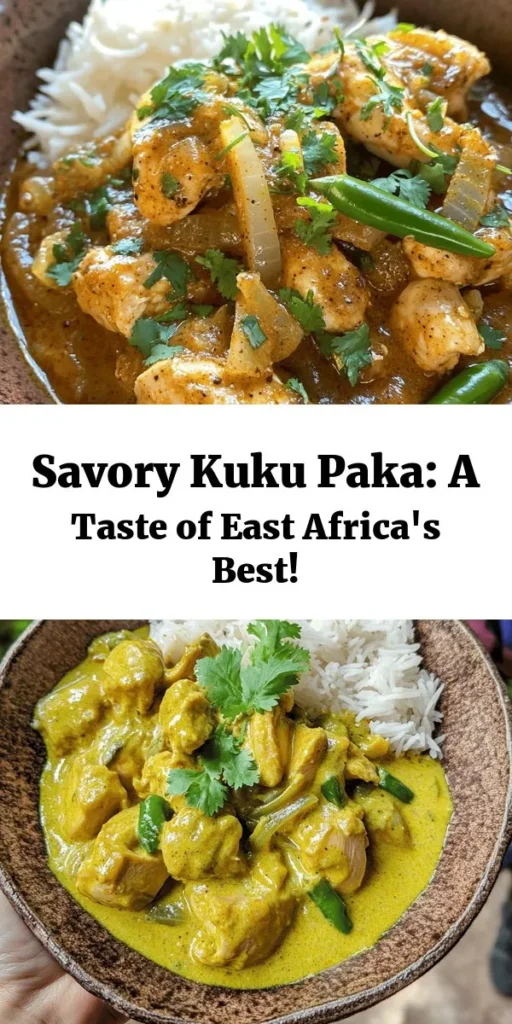 Discover the vibrant flavors of East Africa with Kuku Paka, a delicious coconut chicken curry that's sure to impress! This recipe combines marinated chicken with aromatic spices, sautéed onions, and creamy coconut milk for a dish that's rich and satisfying. Perfectly paired with rice or chapati, it’s an easy and flavorful meal for any occasion. Gather your ingredients and treat your taste buds to a culinary adventure!