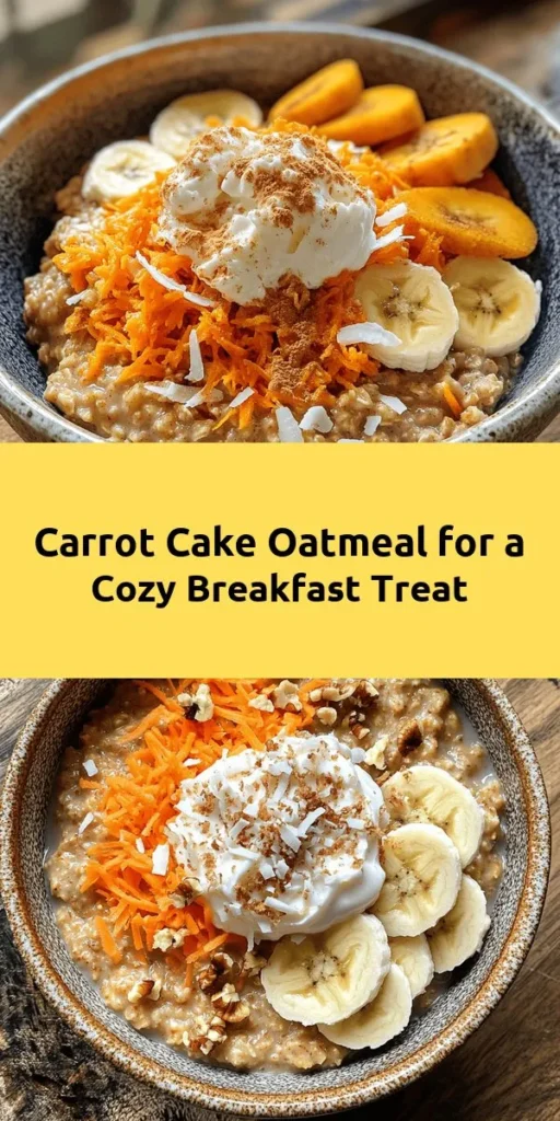 Start your day with a bowl of Carrot Cake Oatmeal Delight! This easy recipe combines rolled oats with grated carrots, mashed banana, and a hint of cinnamon and nutmeg for a delicious twist on breakfast. Topped with shredded coconut, raisins, or walnuts, and a dollop of cream cheese, this cozy dish is both nutritious and satisfying. Ready in just 15 minutes, it's perfect for busy mornings. Treat yourself to this warm and comforting meal!