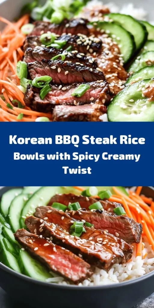 Indulge in the flavorful world of Korean cuisine with these BBQ Steak Rice Bowls topped with a zesty spicy cream sauce! Perfectly marinated flank steak is grilled to perfection and served over fluffy jasmine rice, complemented by fresh cucumber, shredded carrots, and creamy avocado. Finish it off with a drizzle of homemade spicy cream sauce for an extra kick. Quick, delicious, and perfect for any meal, this dish will be a hit at your dinner table!