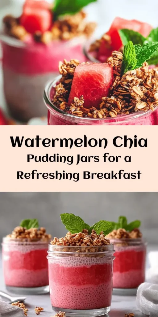 Start your day with a burst of freshness! This Watermelon Chia Pudding Breakfast Jar combines creamy watermelon puree with chia seeds for a nutritious and delicious meal. Simply blend watermelon, mix with almond milk, honey, and vanilla, then let it thicken in the fridge. Assemble it in jars with layers of granola for crunch and top with mint leaves. Perfect for a refreshing breakfast or snack on the go! Enjoy a healthy treat that’s as delightful as it is easy to make!