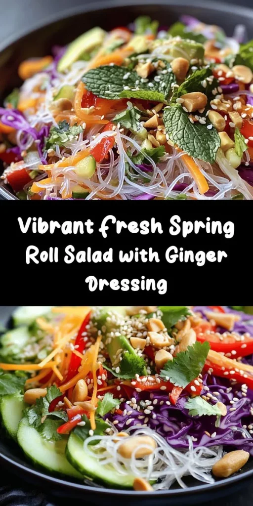 Brighten up your meal with this Fresh Spring Roll Salad topped with a zesty Spicy Ginger Dressing! Packed with vibrant veggies like purple cabbage, carrots, and bell peppers, this salad is not only refreshing but also incredibly flavorful. The addition of creamy avocado and aromatic herbs makes it irresistible. Perfect for a light lunch or dinner, and customizable to suit your taste. Try it for a quick and healthy dish that even your friends will love!