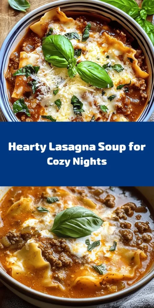 Warm up with this comforting and hearty Lasagna Soup that combines all your favorite lasagna flavors in a cozy bowl! This easy recipe features ground beef (or Italian sausage), tender lasagna noodles, and a creamy ricotta cheese topping. Perfect for a family dinner or a chilly evening, it takes just 30 minutes to prep and 45 minutes total to serve 6 delicious servings. Garnish with fresh basil for an extra touch of flavor. Dive into this warm and cheesy delight!