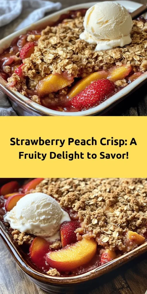 Dive into the sweet summer flavors with this Strawberry Peach Crisp Delight! Made with juicy strawberries and ripe peaches, this easy recipe combines fresh fruit with a crunchy oat topping for a delicious dessert. Perfect for sharing at family gatherings or enjoying a cozy night in, serve it warm with a scoop of vanilla ice cream or whipped cream for an extra treat. Quick to prepare and sure to impress, this crisp is perfect for any occasion!
