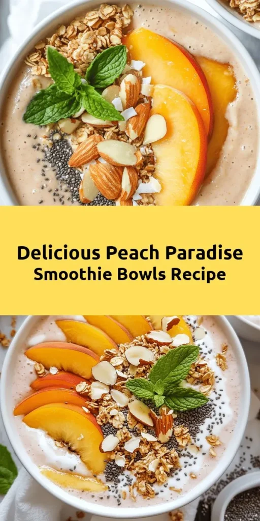 Dive into summer with this delicious Peach Paradise Smoothie Bowl! Perfect for breakfast or a refreshing snack, this easy recipe blends ripe peaches, frozen banana, and creamy Greek yogurt for a naturally sweet treat. Customize your bowl with fresh peach slices, crunchy granola, chia seeds, and coconut flakes. Ready in just 10 minutes, it’s not only nutritious but also packed with flavor. Enjoy a tropical taste of paradise any day!