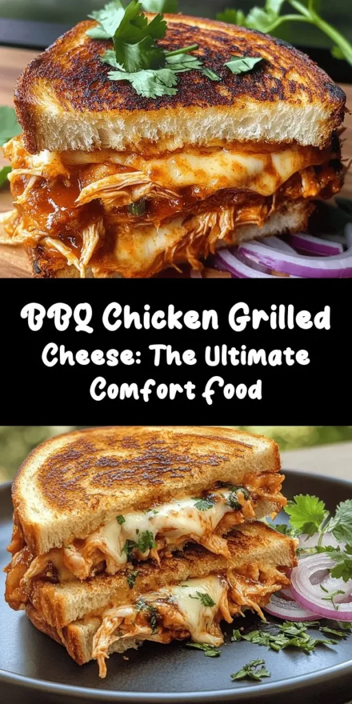 Satisfy your cravings with this BBQ Chicken Grilled Cheese Delight! This scrumptious sandwich combines shredding chicken coated in your favorite BBQ sauce, melty cheddar and mozzarella cheeses, and crispy sourdough bread. Perfect for a quick lunch or dinner, this comfort food is ready in just 30 minutes. Optional toppings like red onions and cilantro add a fresh twist. Serve it up with extra BBQ sauce for dipping and enjoy every gooey bite!