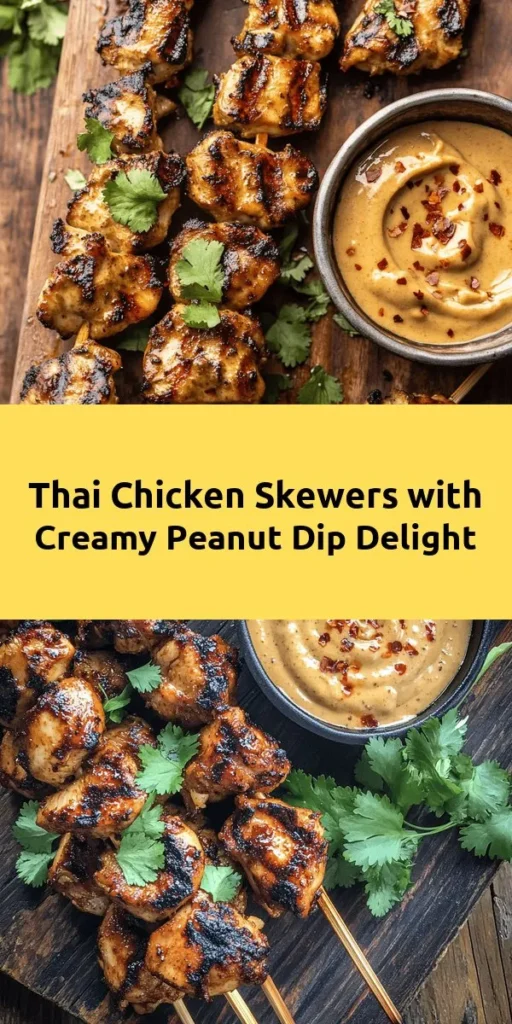 Enjoy the vibrant flavors of sizzling Thai Chicken Skewers paired with a creamy peanut dip! These marinated chicken pieces are grilled to perfection and served with a rich, spicy peanut sauce that adds the perfect touch. Great for a quick weeknight dinner or a fun barbecue dish, this recipe is sure to impress your family and friends. Just marinate, skewer, grill, and serve with fresh cilantro for a delightful meal!