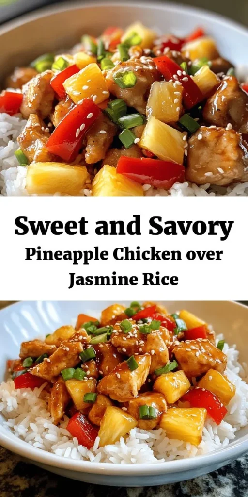 Discover the perfect blend of flavors with this sweet and savory pineapple chicken recipe! Tender chicken thighs marinated in a delicious mix of soy sauce, honey, and ginger are cooked to perfection and paired with fresh pineapple and colorful bell peppers. Served over fluffy jasmine rice, this dish is a delightful meal ready in just 30 minutes. Garnish with green onions and sesame seeds for that extra touch. Perfect for a quick weeknight dinner!