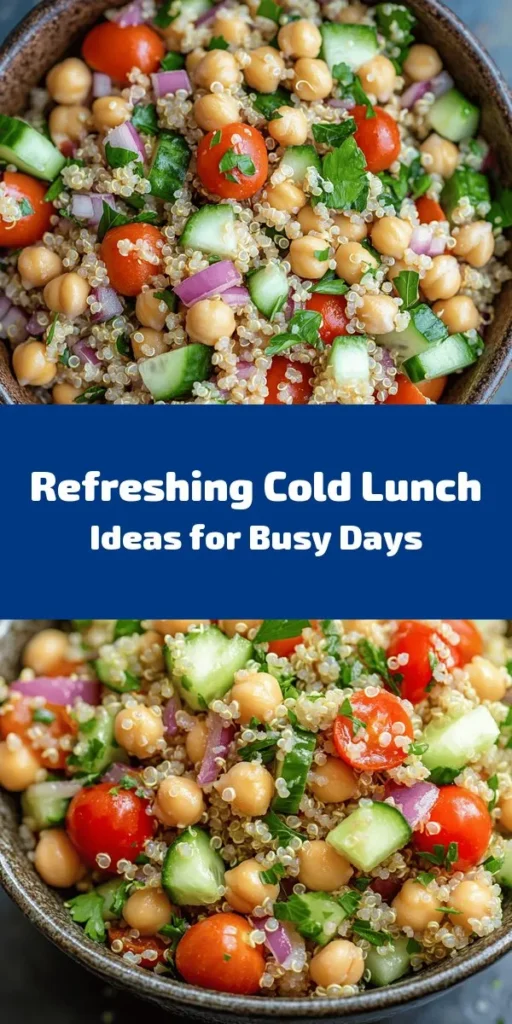 Looking for quick and delicious cold lunch ideas? Check out these 28 unique recipes perfect for meal prep or enjoying on-the-go! From a refreshing quinoa and chickpea salad to savory chicken Caesar wraps, and vibrant Mediterranean veggie rice bowls, there’s something for everyone. Enjoy easy favorites like tuna and avocado salad or a delightful Greek yogurt parfait. These healthy options will keep your lunchtime exciting and nutritious!