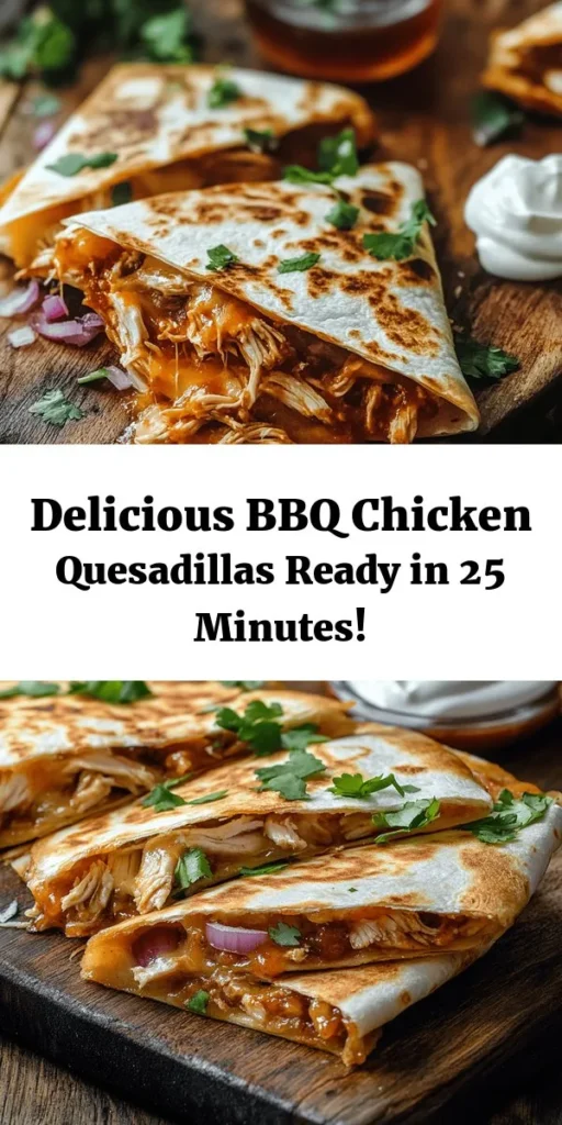Try this mouth-watering BBQ Chicken Quesadilla recipe for a delicious twist on a classic favorite! With tender shredded chicken mixed with your favorite BBQ sauce, gooey cheddar and mozzarella, and a touch of sautéed red onion, these quesadillas are a hit for any meal. Quick to prepare in just 25 minutes, they’re perfect for a busy weeknight dinner or a fun gathering. Serve with sour cream and extra BBQ sauce for dipping. Enjoy every cheesy bite!