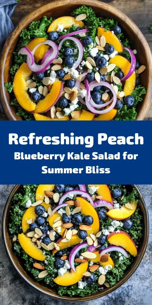 Elevate your summer meals with this vibrant Summer Peach and Blueberry Kale Salad! Packed with nutritious kale, sweet peaches, and juicy blueberries, it's a feast for both the eyes and the palate. Topped with crumbled feta and crunchy almonds, this salad offers a delightful mix of flavors and textures. Drizzled with a light honey vinaigrette, it's perfect as a refreshing side or a light main course. Quick and easy to prepare, enjoy a burst of summer in every bite!
