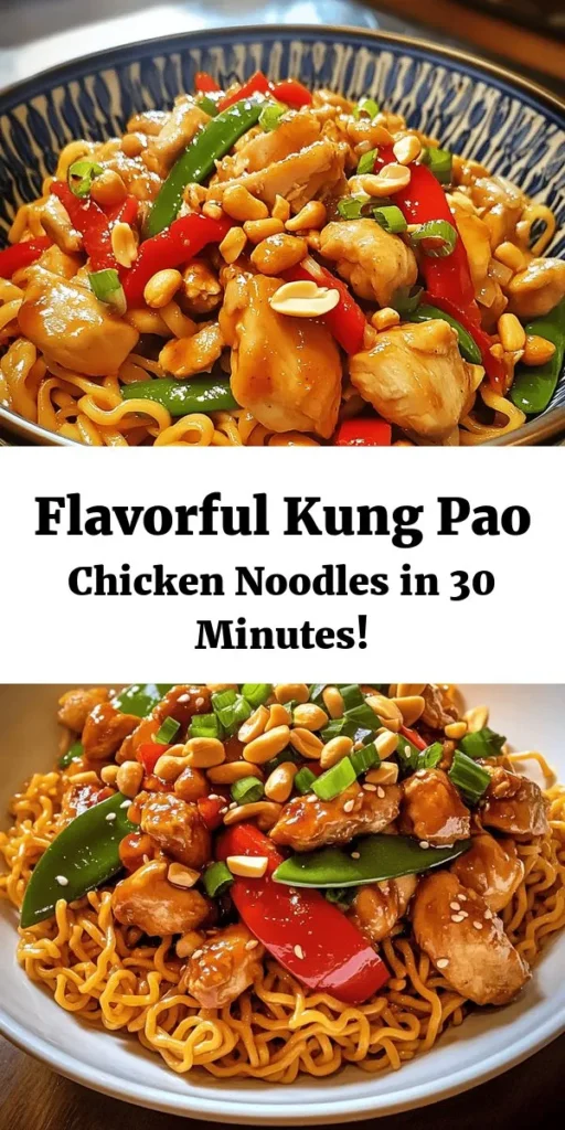 Savor the vibrant flavors of Kung Pao Chicken Noodles with this quick and easy recipe! This dish features tender chicken thighs, crisp vegetables, and perfectly cooked egg noodles tossed in a spicy-sweet Kung Pao sauce. With just 30 minutes of prep time, you'll have a delicious meal for four that's perfect for any night. Garnished with crunchy peanuts and fresh green onions, it’s a delightful twist on a classic favorite. Get ready to spice up your dinner!