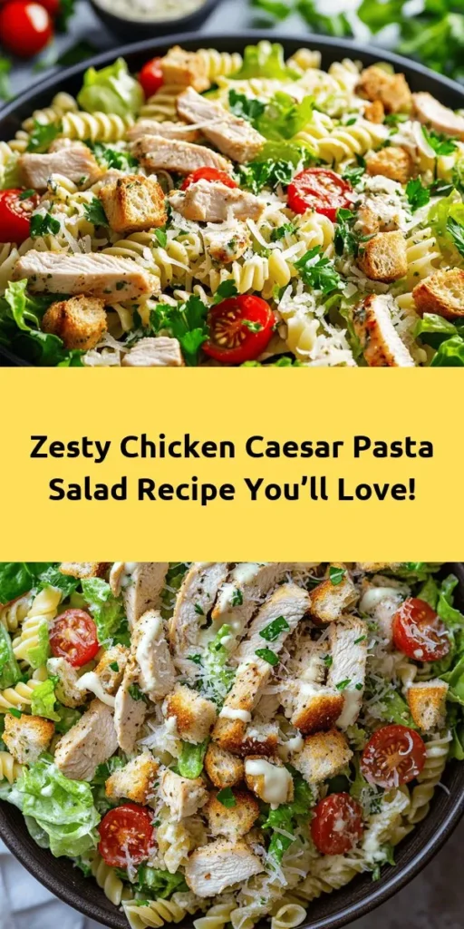 Looking for a delicious and easy meal? Try this Zesty Chicken Caesar Pasta Salad! It's a perfect blend of rotini pasta, juicy chicken, and fresh veggies, all tossed in creamy Caesar dressing. With just 30 minutes of prep time, this recipe serves four and is ideal for a quick lunch or dinner. Top it off with crunchy croutons and Parmesan cheese for an extra flavor kick. Don't forget to add a sprinkle of fresh parsley for that perfect finishing touch! Enjoy this delightful dish today!