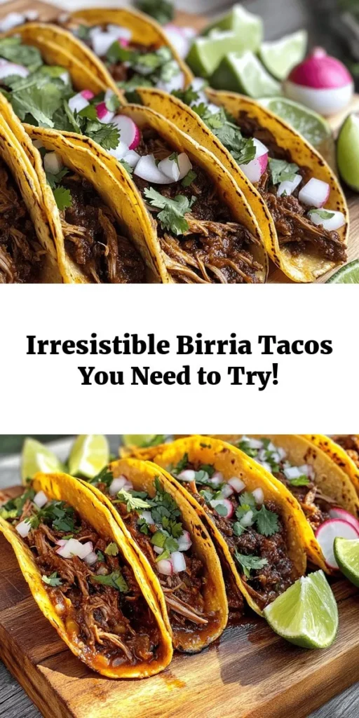 Dive into the ultimate comfort food with my favorite Birria Tacos! These savory snacks combine tender, flavorful beef simmered with aromatic chilies and spices to create a rich filling. Serve in warm corn tortillas, topped with fresh cilantro and onions. Perfect for gatherings or a cozy night in, these tacos will impress your loved ones. Enjoy every delicious bite, served with lime and your favorite salsa for an extra kick!