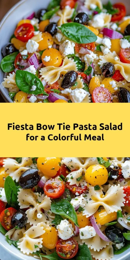 Refresh your meal routine with this vibrant Bow Tie Pasta Salad Fiesta! Packed with colorful veggies like cherry tomatoes, spinach, and bell peppers, this salad is not only a feast for the eyes but also a delicious blend of flavors. Tossed in a light balsamic dressing and topped with mozzarella and feta, it's perfect for picnics, potlucks, or a quick weeknight dinner. Easy to make and even easier to enjoy, let this pasta salad be your new go-to recipe!