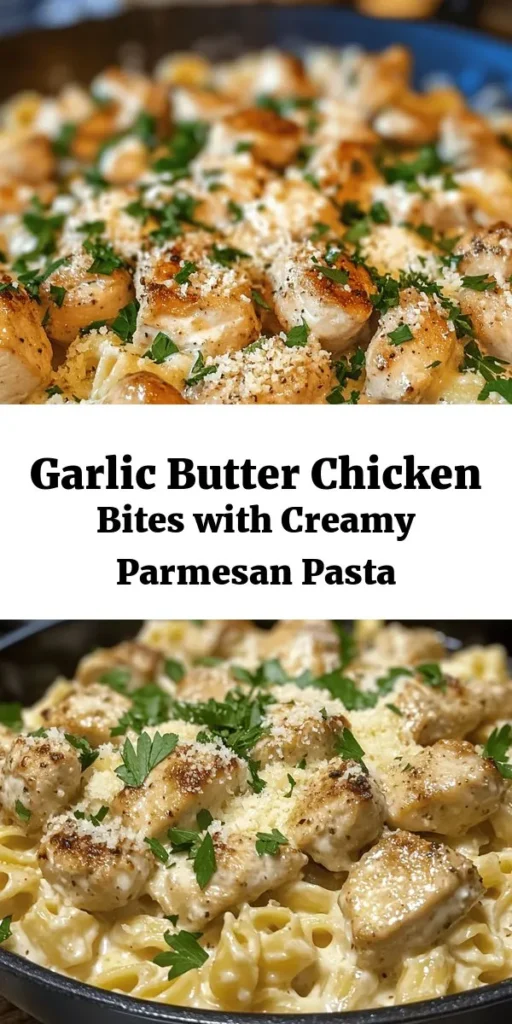 Indulge in a comforting dish with these Garlic Butter Chicken Bites served over Savory Creamy Parmesan Pasta. Made with tender chicken sautéed in rich garlic butter and a luscious Parmesan sauce, this recipe captures delicious flavors in just 30 minutes. Perfect for a family dinner or special occasion, it's a crowd-pleaser that’s easy to whip up any night of the week. Garnish with fresh herbs for an extra touch of flavor!