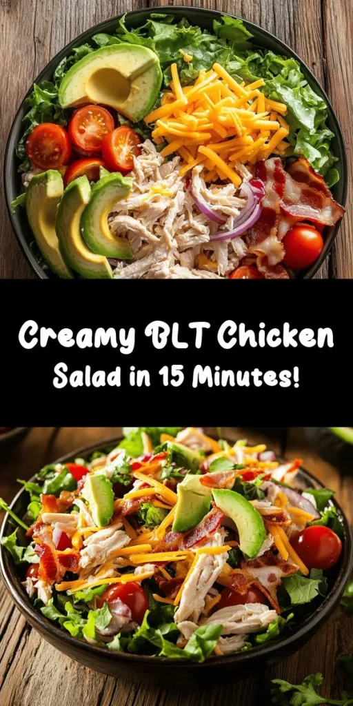 Elevate your lunch game with this Savory BLT Chicken Salad Delight! Packed with flavors from tender shredded chicken, crispy bacon, juicy cherry tomatoes, and crunchy romaine, this salad is a delicious twist on a classic. Creamy dressing ties it all together, making it perfect for meal prep or a light dinner. Ready in just 15 minutes, it’s a quick, satisfying dish. Don't forget the optional avocado for an extra creamy touch! Enjoy fresh and flavorful bites in every spoonful.