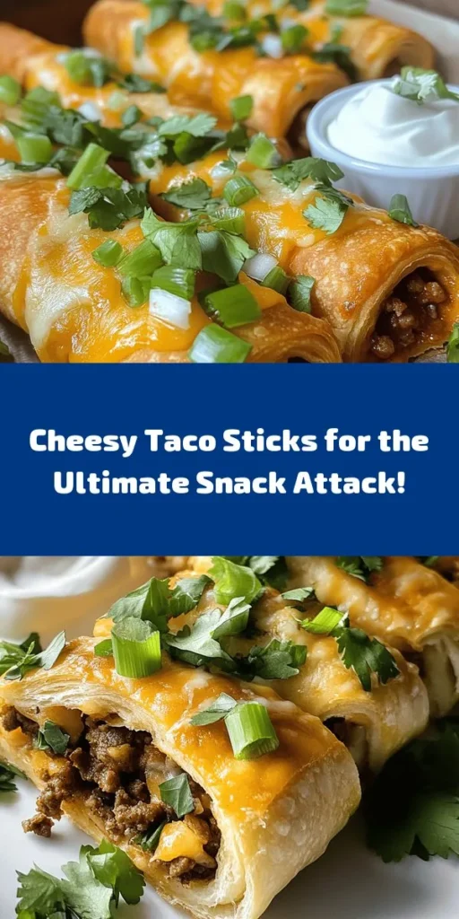 Get ready to indulge in these Cheesy Taco Sticks! Perfect for game day or a cozy family dinner, this quick and easy recipe features seasoned ground beef, melting cheeses, and a golden crescent roll crust. Simply roll up the tasty filling, bake until golden, and serve with sour cream and fresh garnishes. With just 30 minutes from prep to plate, these cheesy bites are sure to be a crowd-pleaser. Try them out today!