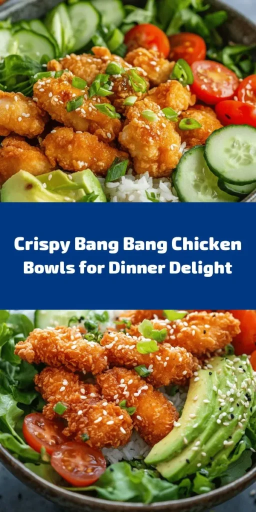 Savor the bold flavors of these Bang Bang Chicken Bowls! Juicy, marinated chicken is coated in a crispy blend of spices, then fried to perfection and topped with a creamy, spicy Bang Bang sauce. Serve it over fluffy jasmine rice, mixed greens, and fresh veggies for a rainbow of taste and texture. Perfect for a quick dinner or meal prep, this dish is sure to impress your family and friends! Try it out today for a delicious twist on your dinner routine.