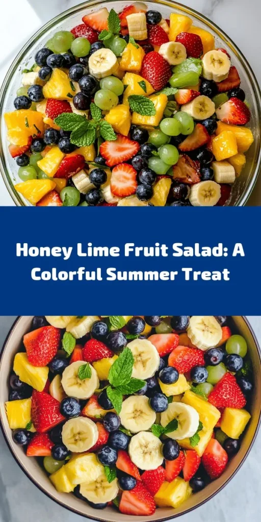 Brighten up your day with this vibrant fruit salad drizzled with a delicious honey lime dressing! Perfect for any occasion, this colorful mix includes strawberries, blueberries, green grapes, pineapple, banana, and orange for a burst of flavor in every bite. The honey and lime dressing adds a sweet and zesty touch that pairs beautifully with the fresh fruit. Quick to prepare in just 10 minutes, it's a refreshing treat that everyone will love! Garnish with fresh mint for an extra pop!