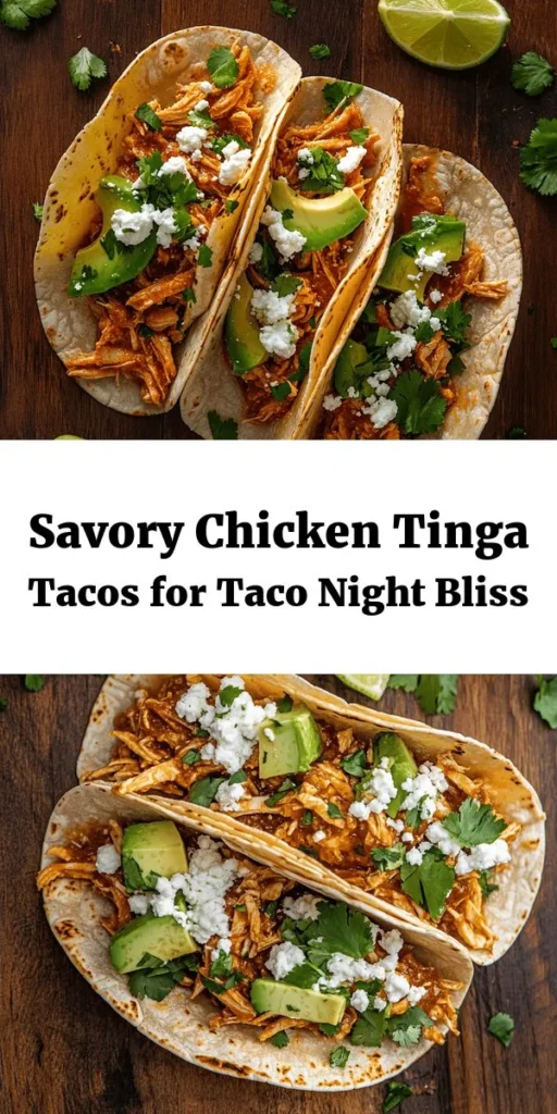 Dive into flavor with these Best Chicken Tinga Tacos! This easy recipe features tender chicken thighs simmered in a smoky, spicy sauce made with chipotle peppers, garlic, and spices. Serve in warm tortillas and top with fresh cilantro, creamy avocado, and crumbled queso fresco for the perfect bite. Ideal for a family dinner or a taco night with friends! Enjoy with a squeeze of lime for that zesty kick. A delicious meal that everyone will love!