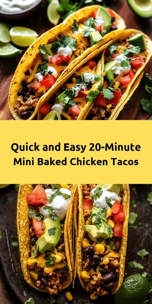 Get ready for a quick and delicious dinner with these 20 Minute Mini Baked Chicken Tacos! Made with ground chicken, black beans, and corn, these savory tacos are topped with melted cheddar cheese and fresh veggies. Perfectly baked to a crispy finish, they are easy to assemble and great for the whole family. Serve with sour cream and lime for an extra kick! Enjoy taco night in just 20 minutes with this simple recipe.