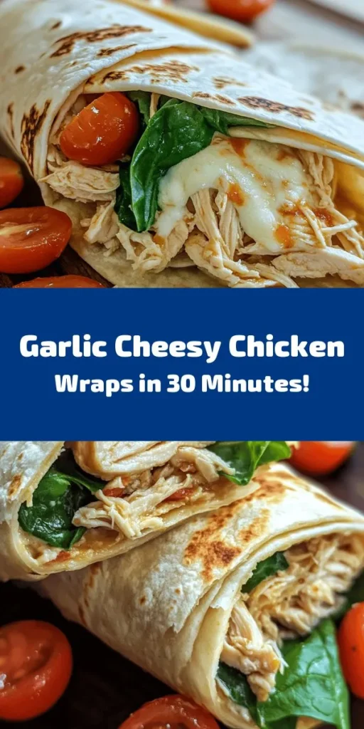 Indulge in these delicious Cheesy Garlic Chicken Wraps, perfect for a quick lunch or dinner! Packed with shredded chicken, creamy mozzarella, and savory garlic, these wraps are bursting with flavor. Add sautéed spinach and fresh tomatoes for a nutritious twist. Ready in just 30 minutes, they make for a delightful meal that’s easy to prepare. Roll them up and enjoy warm for the ultimate cheesy goodness. Perfect for any occasion!