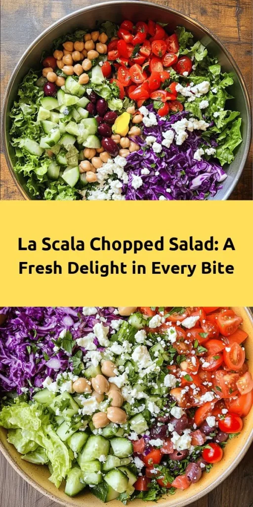 Discover the refreshing taste of Famous La Scala Chopped Salad! This vibrant mix features crisp iceberg and romaine lettuce, crunchy red cabbage, and a rainbow of veggies like cucumber, cherry tomatoes, and red onion. Tossed with Kalamata olives, garbanzo beans, and creamy feta, each bite is bursting with flavor. Drizzled with a zesty lemon-garlic dressing, this salad is perfect as a side or a light main meal. Quick to prepare and deliciously satisfying! Enjoy!