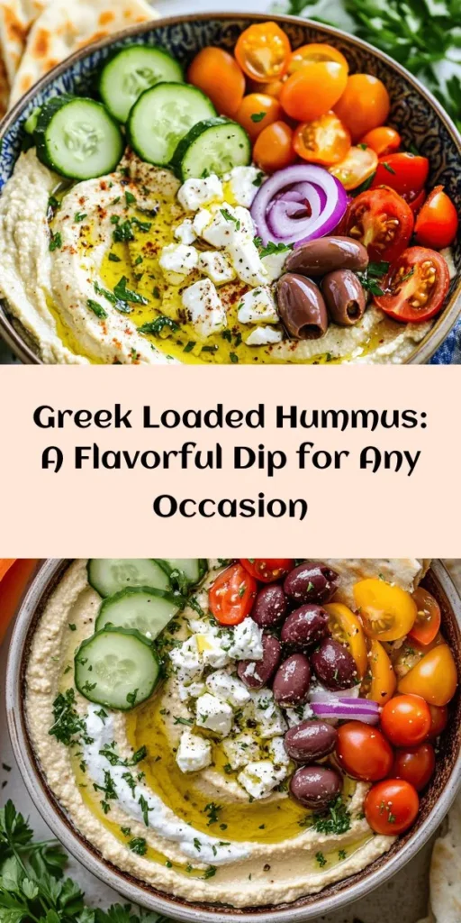 Elevate your snacking game with this Greek Style Loaded Hummus! Quick to prepare in just 15 minutes, this delicious dip is packed with protein and vibrant flavors. Creamy hummus is topped with fresh veggies, zesty feta cheese, and a swirl of Greek yogurt, making it perfect for sharing with friends. Serve it warm with pita bread or fresh veggies for a wholesome treat that will impress at any gathering. Enjoy the taste of the Mediterranean at home!
