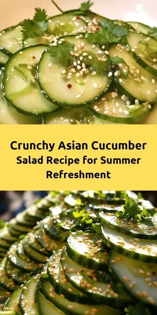 Refresh your dining experience with this crunchy Asian cucumber salad! This vibrant dish features crisp cucumbers tossed in a delicious dressing made from rice vinegar, soy sauce, sesame oil, and a hint of sweetness. With grated ginger, garlic, and a touch of red pepper flakes, it’s bursting with flavor. Perfect as a side or light appetizer, this salad is easy to make and will impress your guests. Enjoy the fresh crunch and let the flavors meld for an unforgettable taste!