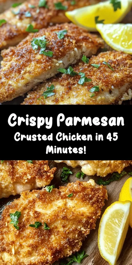 Indulge in this Parmesan Crusted Chicken Delight, an easy and delicious recipe that's perfect for dinner! With just a few simple ingredients like juicy chicken breasts, crispy panko breadcrumbs, and tangy Dijon mustard, you'll create a golden, flavorful crust that everyone will love. Baked to perfection and ready in about 45 minutes, this dish pairs wonderfully with fresh lemon and parsley for a vibrant finish. Try this family favorite tonight!