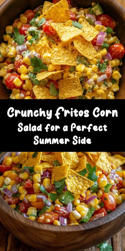 This Crunchy Fritos Corn Salad is the perfect blend of sweet corn, fresh veggies, and savory cheese that everyone will love! With just 15 minutes of prep, you’ll combine thawed corn, cherry tomatoes, bell pepper, and red onion in a creamy dressing of mayonnaise, lime juice, and spices. Top it off with crunchy Fritos for added texture. Serve it chilled or at room temperature as a delightful side dish or light meal. A tasty crowd-pleaser for any gathering!
