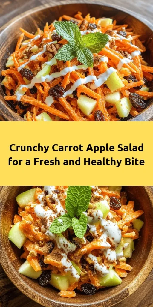 Elevate your salad game with this Crunchy Carrot Apple Salad! Packed with vibrant flavors, this dish combines grated carrots, crisp apples, and delightful raisins or cranberries, all tossed in a creamy Greek yogurt dressing with hints of honey and cinnamon. Perfect for a quick lunch or as a side dish, it’s refreshing and satisfying. Let it chill for a bit to enhance the flavors, and enjoy garnished with fresh mint for an extra pop!