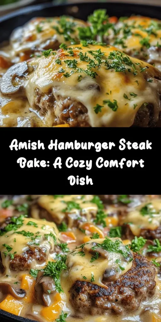 Savor the comforting flavors of Amish Hamburger Steak Bake! This hearty dish combines juicy beef patties with a creamy mushroom sauce, mixed vegetables, and melty cheddar cheese, all baked to perfection. Perfect for family dinners, it'll warm you up on chilly nights. With simple ingredients like ground beef, breadcrumbs, and seasonings, it’s easy to prepare and serves 6. Enjoy this delicious casserole with fresh parsley for a delightful finish!