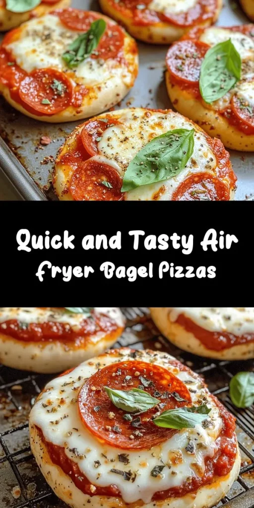 Enjoy a fun twist on pizza with these easy Bagel Pizzas made in the Air Fryer! This quick recipe features your choice of toppings on toasted bagel halves, smothered in pizza sauce and gooey mozzarella cheese. Perfect for a quick lunch, snack, or party appetizer, these delicious mini pizzas come together in just 15 minutes. Customize with your favorite ingredients, and don’t forget the basil for a fresh finish!
