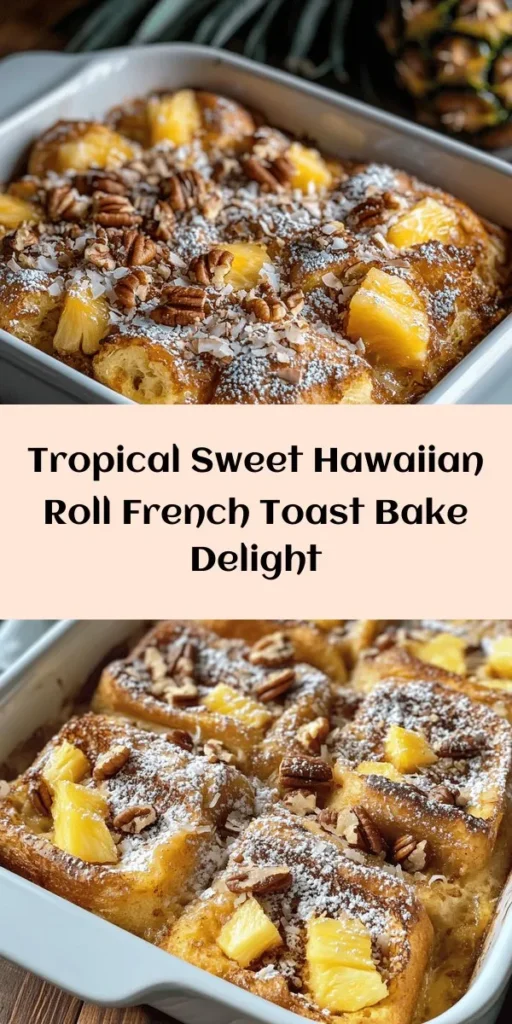 Indulge in this delicious Sweet Hawaiian Roll French Toast Bake for a perfect brunch or breakfast treat! With just a few ingredients, including fluffy Hawaiian rolls, eggs, and milk, this easy recipe comes together in no time. For an extra tropical twist, add crushed pineapple and top it off with shredded coconut and nuts. Bake until golden and serve warm, dusted with powdered sugar. Perfect for sharing with family and friends!