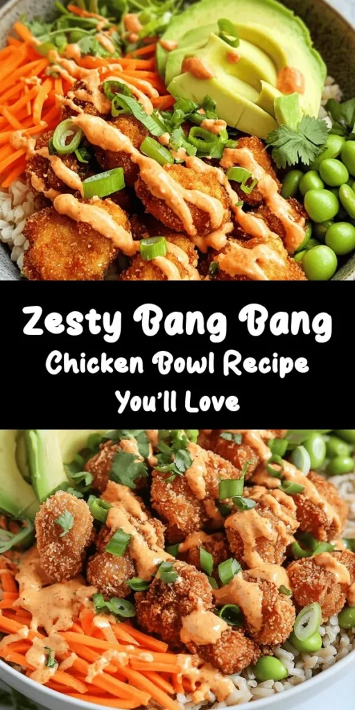 Indulge in this delicious Bang Bang Chicken Bowl that combines crispy chicken, vibrant veggies, and a spicy, creamy sauce. Start by breading and frying tender chicken pieces for that perfect crunch. Layer cooked brown rice, carrots, edamame, and avocado for a nutritious base, then top it off with your homemade Bang Bang sauce. This recipe is not only easy to make but also packs flavor and color, making it a delightful meal for any occasion. Perfect for meal prep or a family dinner!