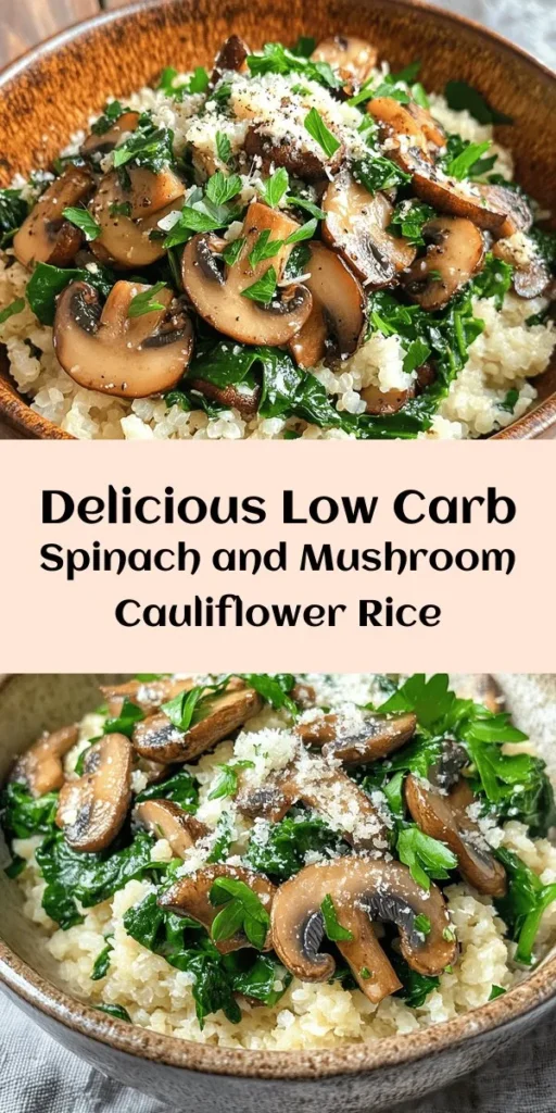 Looking for a healthy and delicious side dish? Try this Low Carb Mushroom & Spinach Cauliflower Rice! It's packed with flavor and uses fresh ingredients like sautéed mushrooms, spinach, and aromatic seasonings. This easy recipe can be made in just 25 minutes and is perfect for a quick weeknight dinner or meal prep. Garnish with Parmesan cheese and parsley for an extra touch. Enjoy a nutritious meal that’s low in carbs and high in taste!