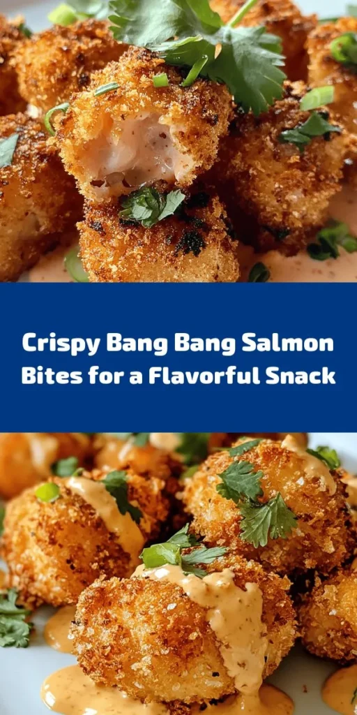 Indulge in these Crispy Bang Bang Salmon Bites that are bursting with flavor! Perfect for an appetizer or a fun meal, these bite-sized salmon pieces are coated in a crunchy panko crust and fried to golden perfection. Paired with a zesty Bang Bang sauce, they offer the perfect balance of crispiness and creaminess. Quick and easy to make, this recipe comes together in just 30 minutes. Garnish with cilantro or green onions for an extra touch. Dig in!