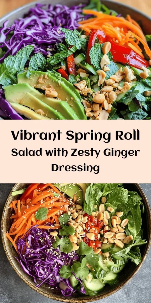 Brighten up your mealtime with this refreshing Spring Roll Salad topped with a zesty Spicy Ginger Dressing! Packed with mixed greens, colorful veggies, fresh herbs, and your choice of shrimp or tofu, this bowl is bursting with flavor. The creamy avocado and crunchy nuts elevate the dish, making it perfect for any occasion. Quick and easy to make, this healthy salad is a delightful way to enjoy spring flavors. Serve chilled or right after mixing for a vibrant meal!