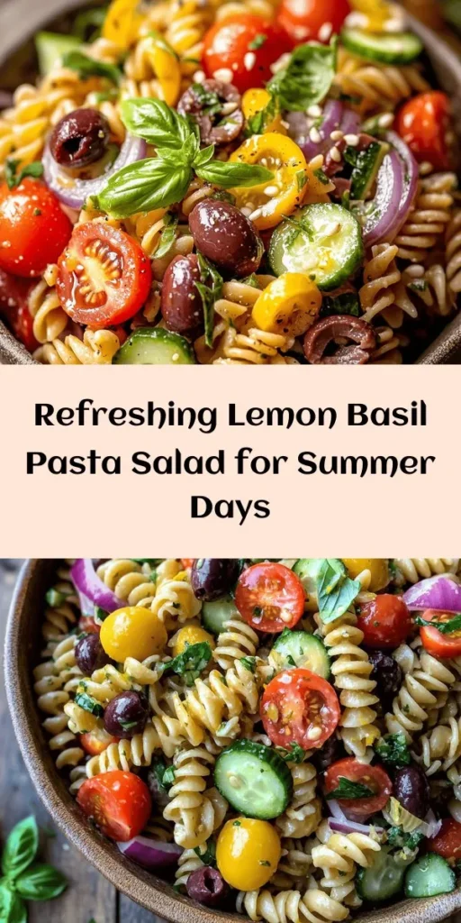 Brighten your day with this refreshing Lemon Basil Pasta Salad! Perfect for picnics or meal prep, this dish combines whole wheat pasta with juicy cherry tomatoes, crisp cucumbers, and tangy Kalamata olives, all tossed in a zesty lemon dressing. Finished off with fresh basil and a crunchy sprinkle of sunflower seeds, it's a must-try recipe that’s both healthy and delicious! Quick to prepare and even better when chilled, this salad serves 4-6 and is perfect for any occasion.