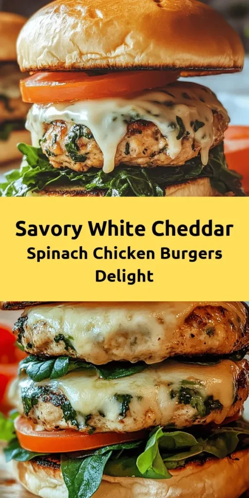 Try these delicious White Cheddar & Spinach Chicken Burgers for a tasty twist on your usual burger night! Made with fresh spinach, savory white cheddar, and seasoned ground chicken, these burgers are packed with flavor. They're easy to prepare in just 30 minutes, making them perfect for busy weeknights. Serve on toasted buns with your favorite toppings for a satisfying meal that everyone will love. Enjoy the great taste of healthier burgers!