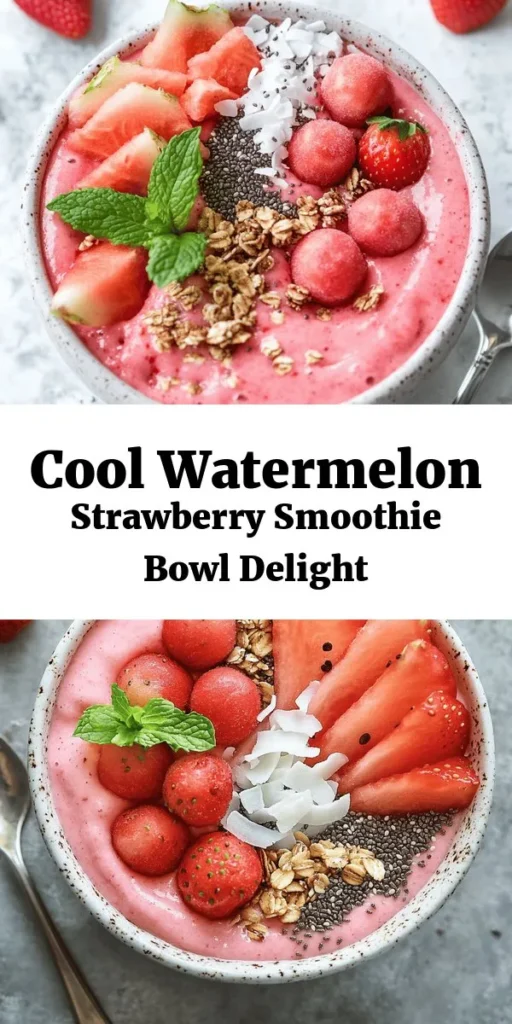 Beat the heat with this refreshing Watermelon and Strawberry Smoothie Bowl! Packed with frozen watermelon, strawberries, and banana, it's not only delicious but also super nutritious. Blend with coconut water and Greek yogurt for the perfect creamy texture and top with fresh fruit, coconut, chia seeds, and granola for added crunch. It’s a vibrant and healthy way to start your day or satisfy your craving for a sweet treat. Enjoy this delightful bowl in just 10 minutes!