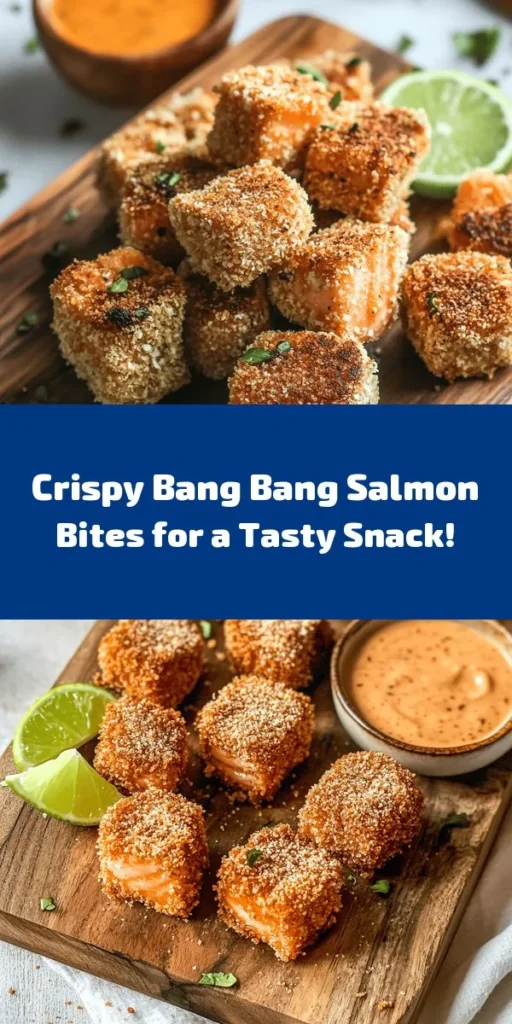 Get ready to indulge in these crispy Bang Bang Salmon Bites! Perfectly seasoned salmon cubes are coated in crunchy panko breadcrumbs and fried to golden perfection. Served with a deliciously tangy Bang Bang sauce, this dish is an irresistible appetizer or main course that's sure to impress. With a prep time of just 20 minutes, you can whip them up quickly for any occasion. Enjoy a flavorful bite that's both easy to make and absolutely delicious!