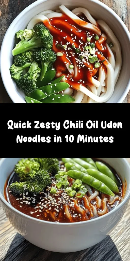 Looking for a quick and delicious meal? Try these Quick and Zesty Chili Oil Udon Noodles! Ready in just 10 minutes, this dish features fresh udon noodles tossed in a spicy sauce made with chili oil, soy sauce, and garlic. Add some veggies like broccoli and snap peas for extra crunch and color. Top it off with sesame seeds and fresh cilantro for a burst of flavor. Perfect for busy weeknights or a tasty lunch! Enjoy!