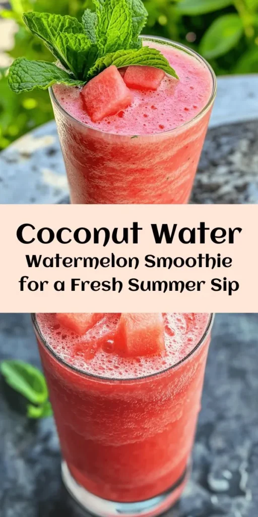 Beat the heat with this refreshing Watermelon Smoothie made with coconut water! This simple recipe combines ripe watermelon, creamy Greek yogurt, and a splash of lime juice for a deliciously hydrating treat. Perfect for summer, it only takes 10 minutes to whip up. Top with fresh mint for a burst of flavor. Enjoy this healthy drink after a workout or as a sweet afternoon pick-me-up. Your taste buds will thank you!